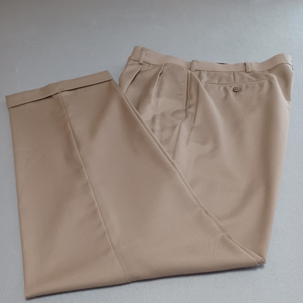 Stafford Mens Pleated Dress Pants Tan Worsted Wool Blend Cuffed Trousers 40x32